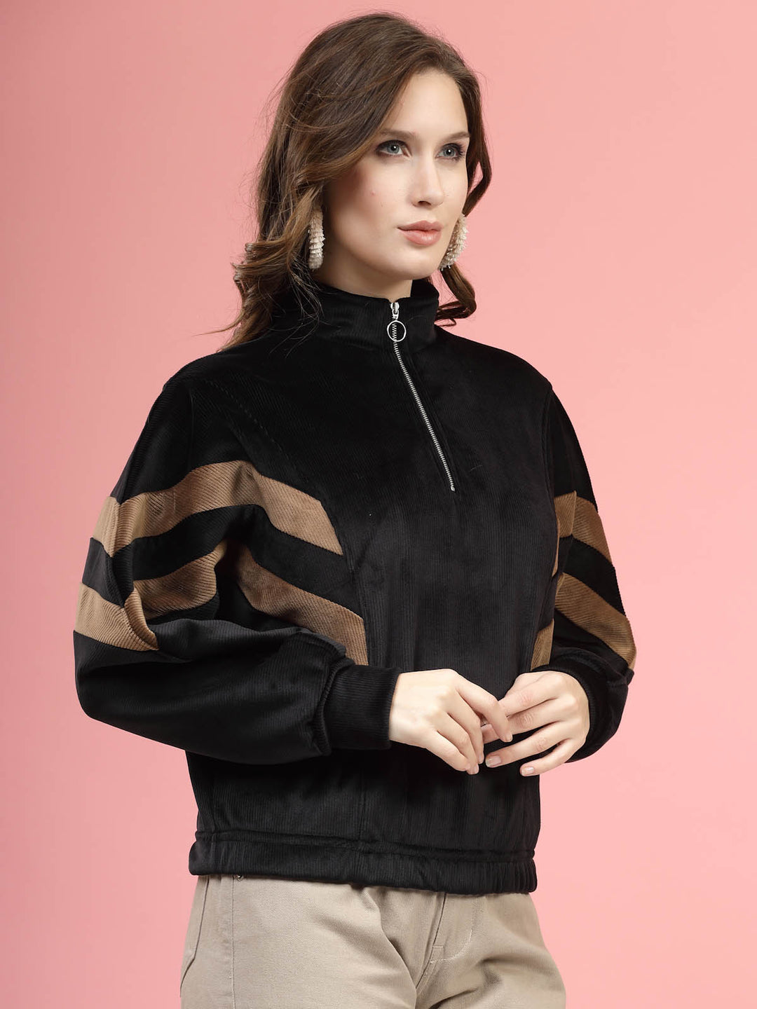 Black Mock Collar Long Sleeves Pullover Sweatshirt