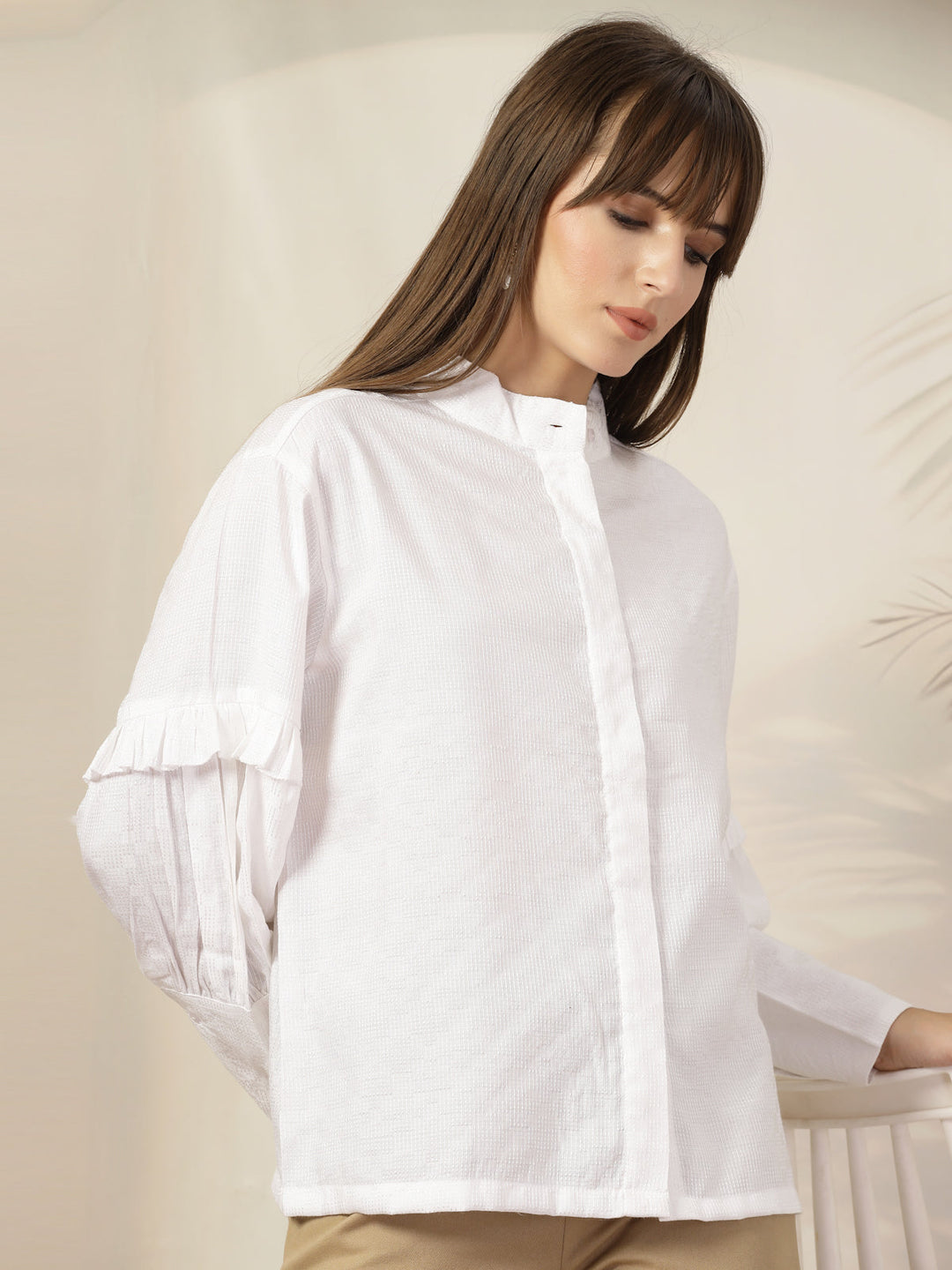 Mandarin Collar Cotton Shirt Style Top