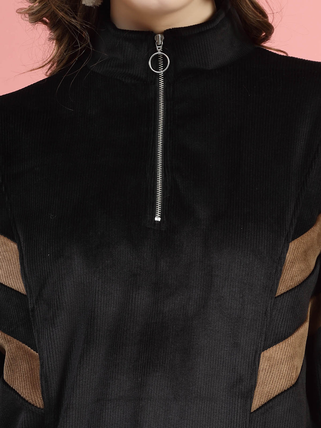 Black Mock Collar Long Sleeves Pullover Sweatshirt