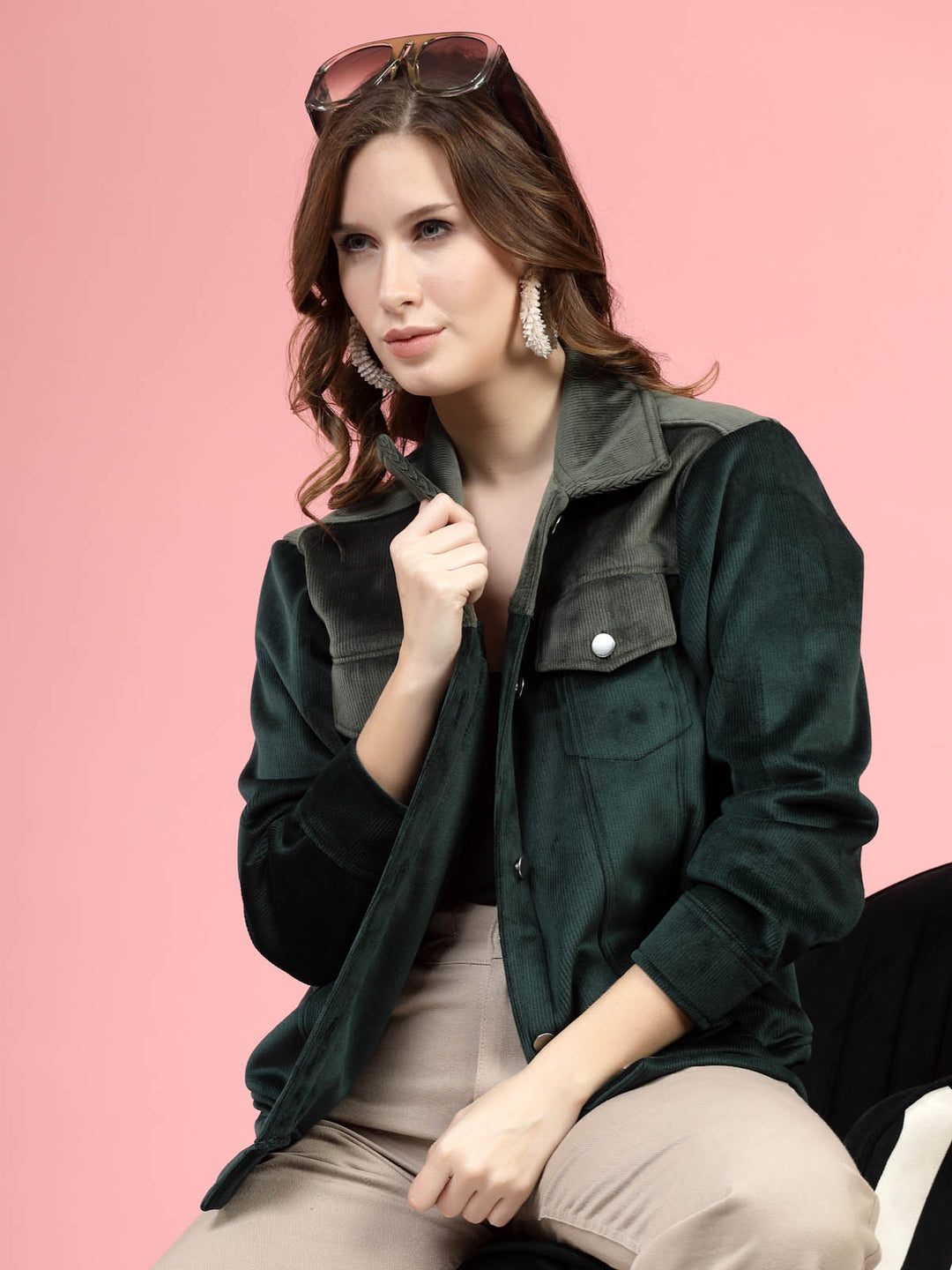 Green Self Design Spread Collar Bomber Jacket