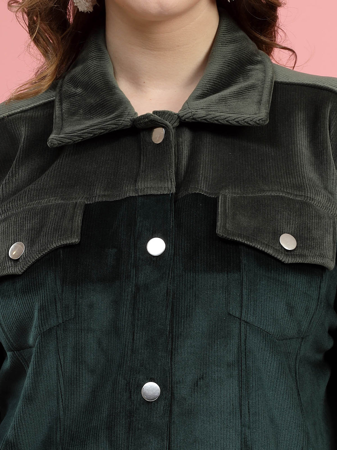 Green Self Design Spread Collar Bomber Jacket