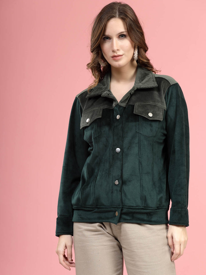 Green Self Design Spread Collar Bomber Jacket