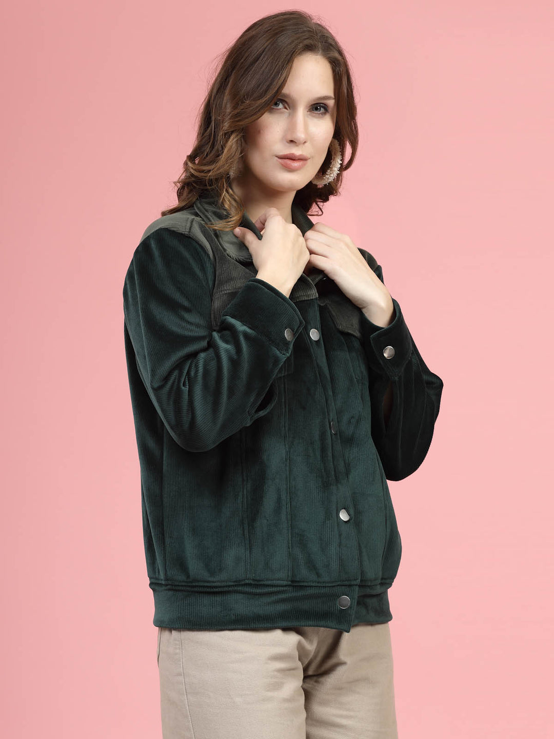 Green Self Design Spread Collar Bomber Jacket