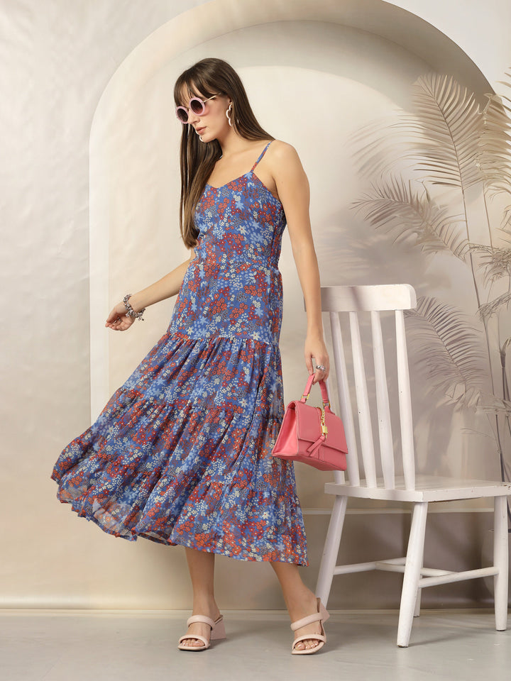 Floral Print A-Line Polyester Midi Dress