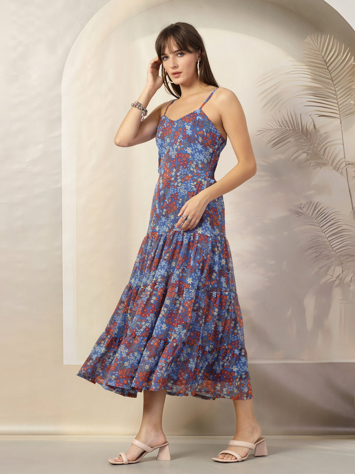 Floral Print A-Line Polyester Midi Dress