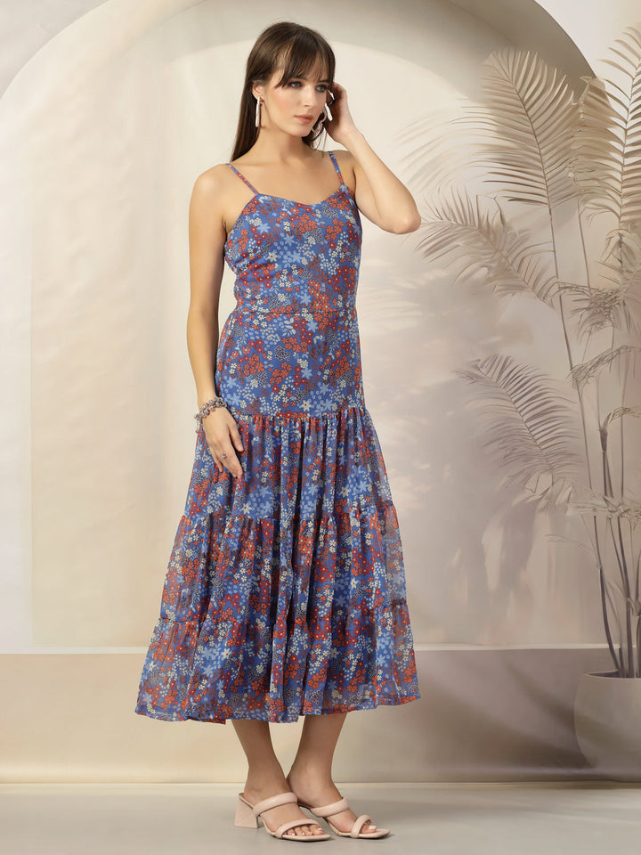 Floral Print A-Line Polyester Midi Dress