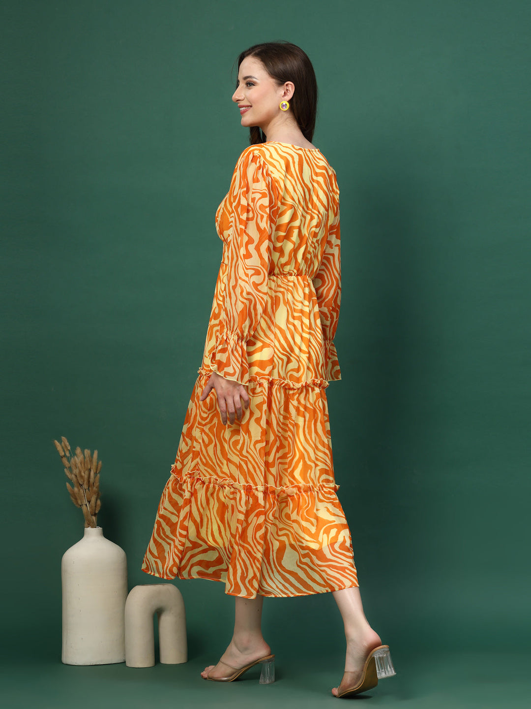 Tropical Print A-Line Midi Dress