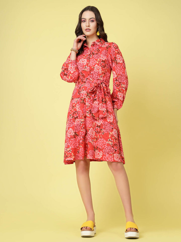 Pink Floral Printed Shirt Collar Puff Sleeve Gathered A-Line Dress