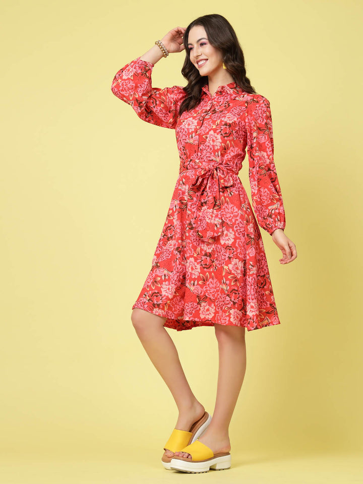 Pink Floral Printed Shirt Collar Puff Sleeve Gathered A-Line Dress