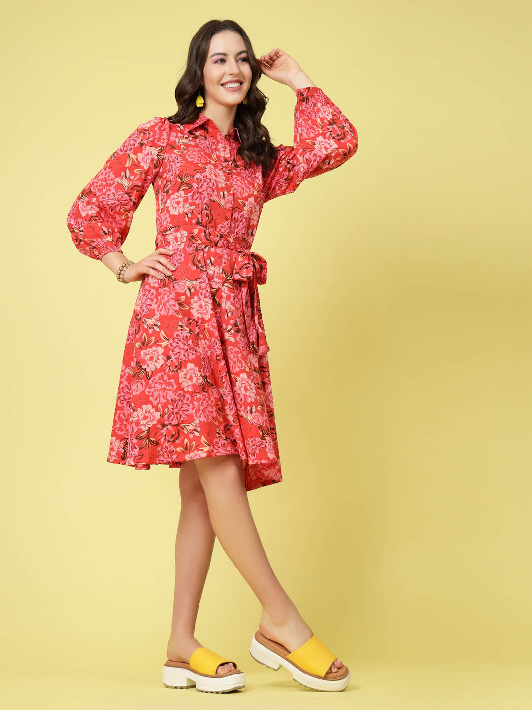 Pink Floral Printed Shirt Collar Puff Sleeve Gathered A-Line Dress