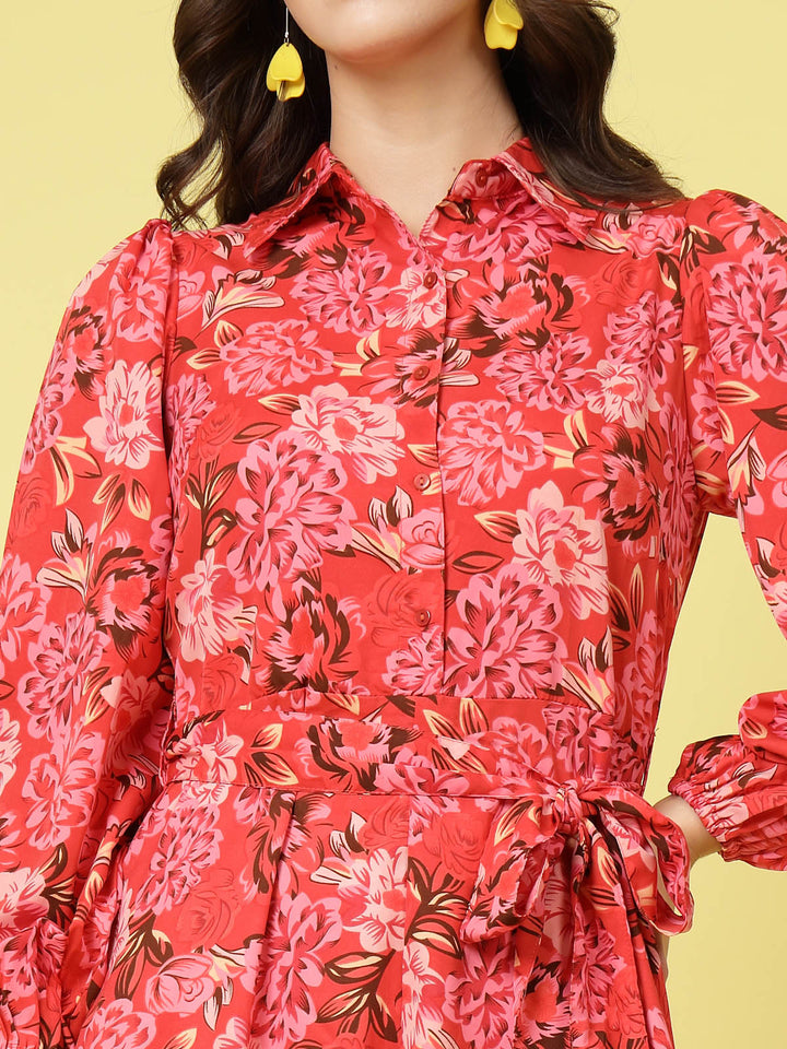 Pink Floral Printed Shirt Collar Puff Sleeve Gathered A-Line Dress