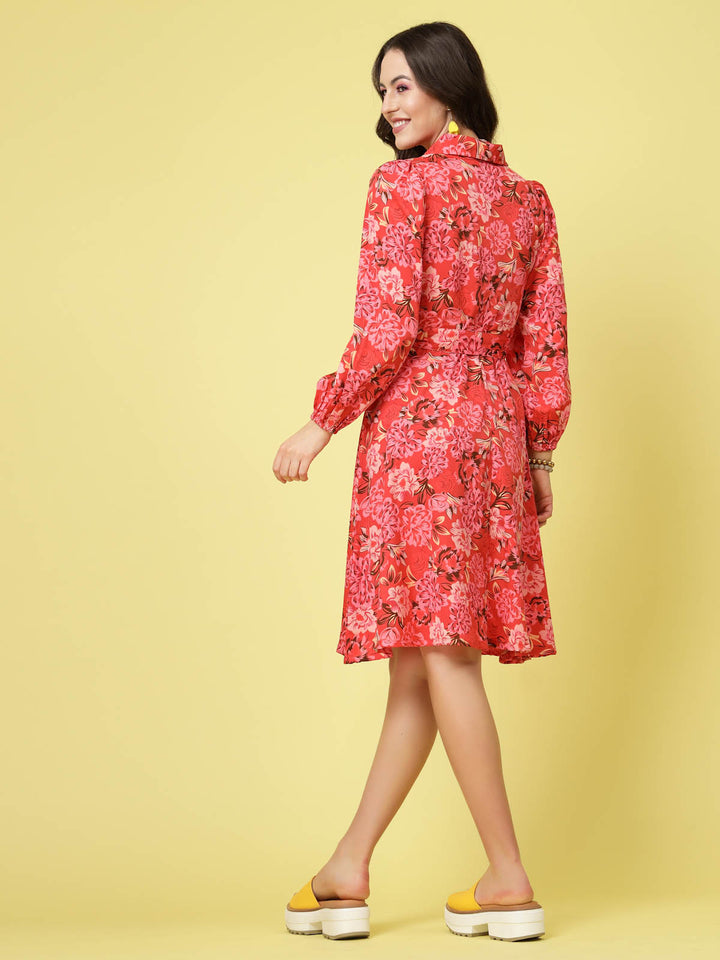 Pink Floral Printed Shirt Collar Puff Sleeve Gathered A-Line Dress