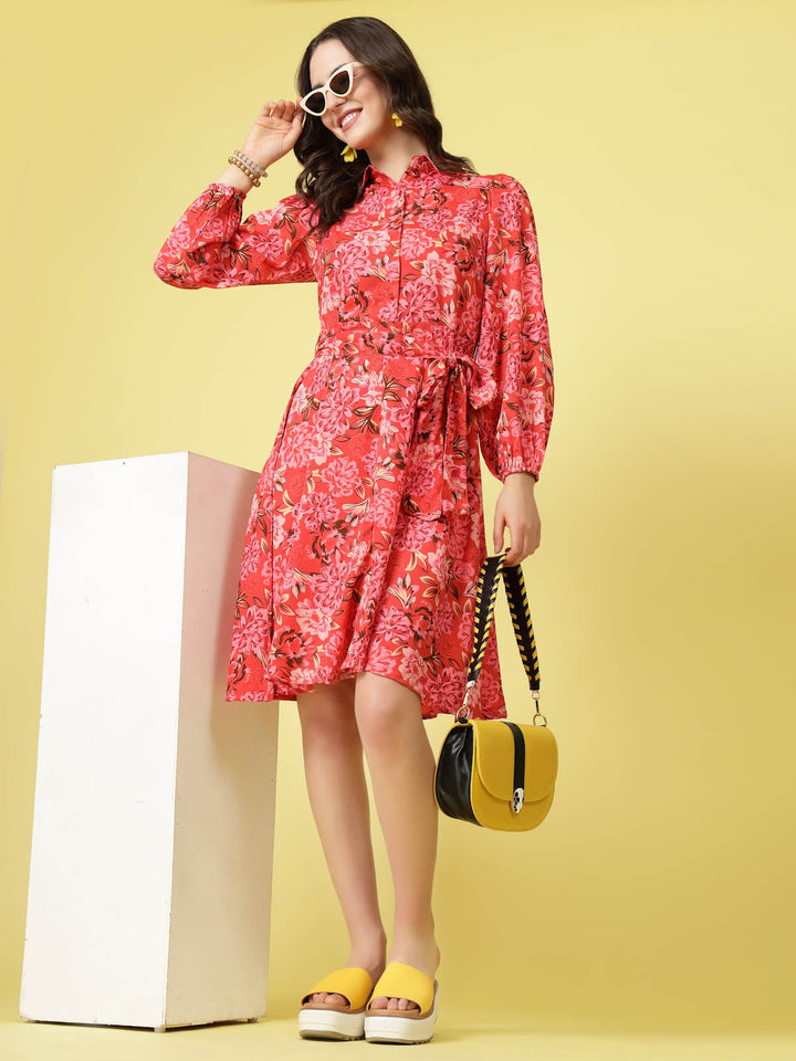 Pink Floral Printed Shirt Collar Puff Sleeve Gathered A-Line Dress