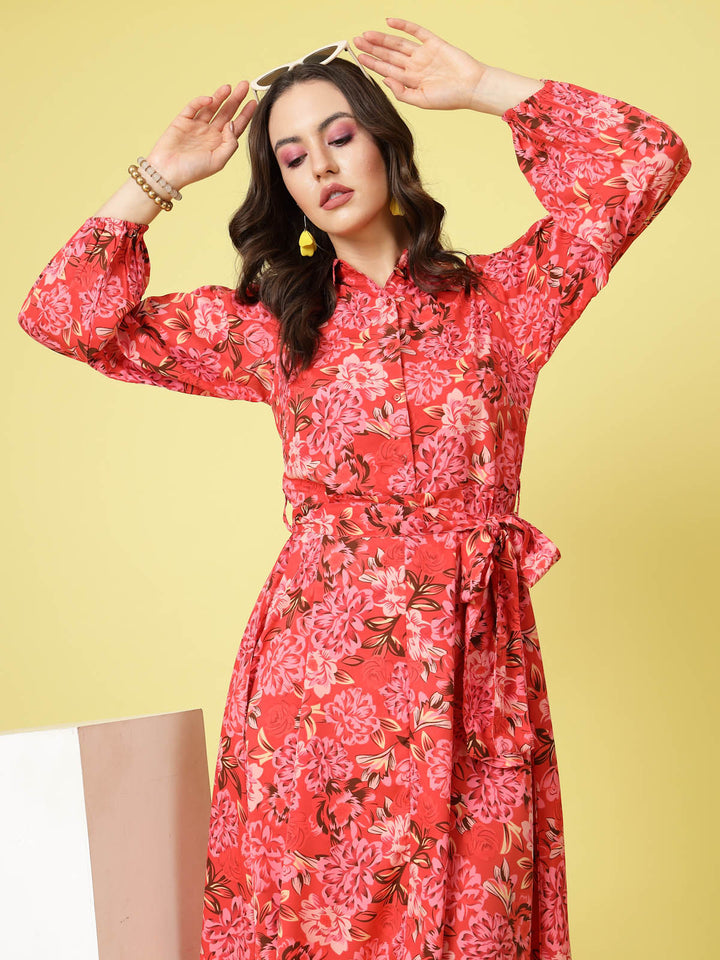 Pink Floral Printed Shirt Collar Puff Sleeve Gathered A-Line Dress