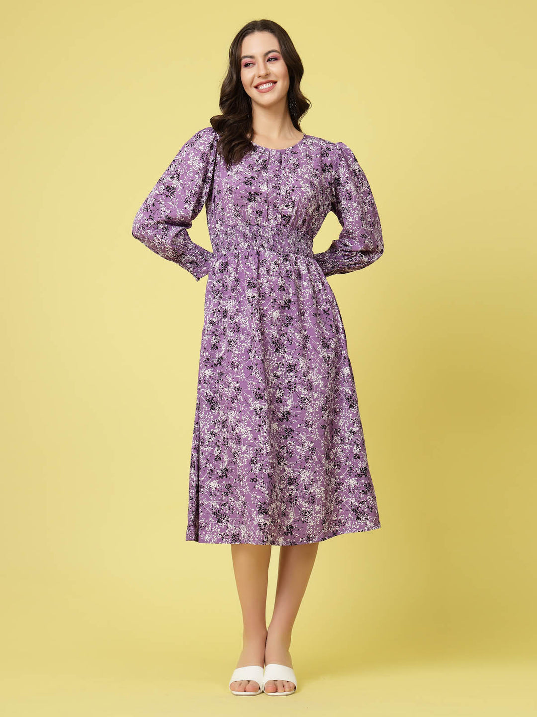 Purple Abstract Printed Round Neck Cuffed Sleeve Smocked Fit  Flare Midi Dress