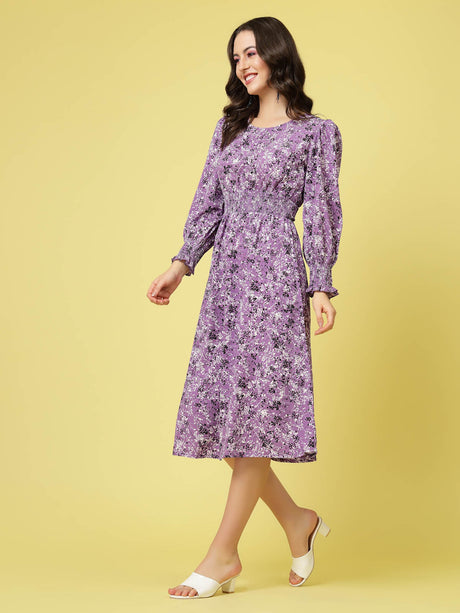 Purple Abstract Printed Round Neck Cuffed Sleeve Smocked Fit  Flare Midi Dress