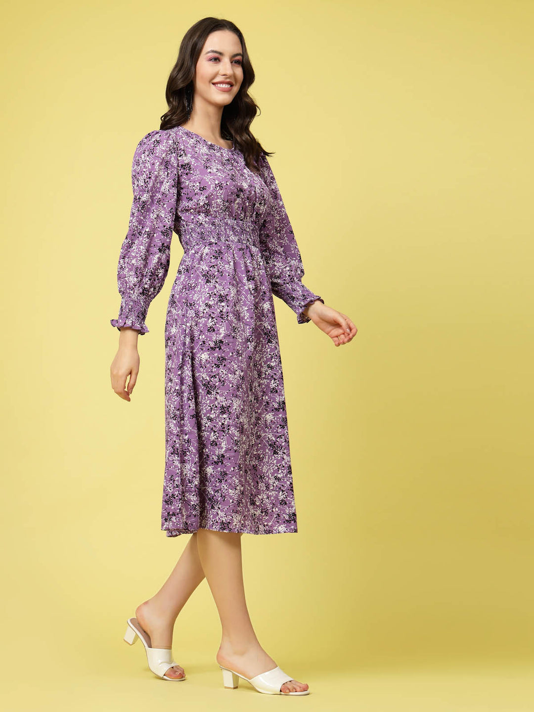 Purple Abstract Printed Round Neck Cuffed Sleeve Smocked Fit  Flare Midi Dress