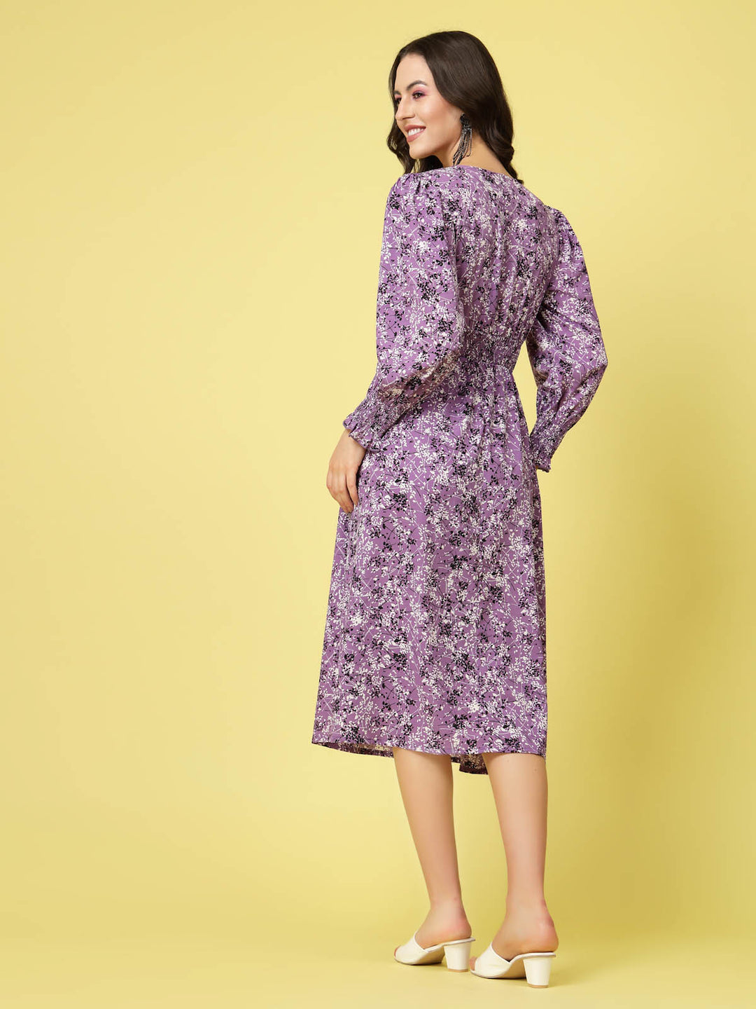 Purple Abstract Printed Round Neck Cuffed Sleeve Smocked Fit  Flare Midi Dress