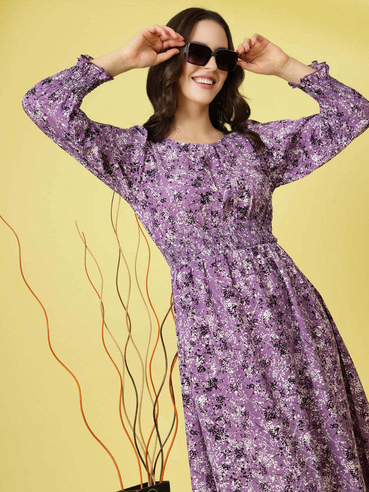 Purple Abstract Printed Round Neck Cuffed Sleeve Smocked Fit  Flare Midi Dress