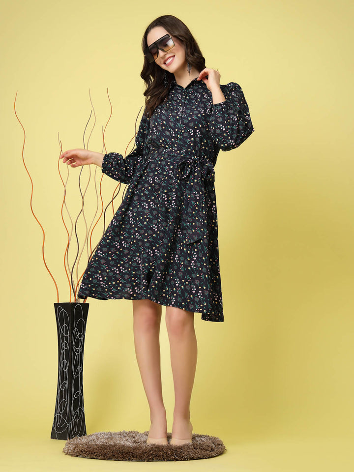 Black  Blue Floral Printed Shirt Collar Puff Sleeves Shirt Dress