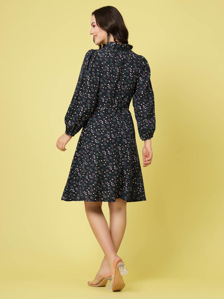 Black  Blue Floral Printed Shirt Collar Puff Sleeves Shirt Dress