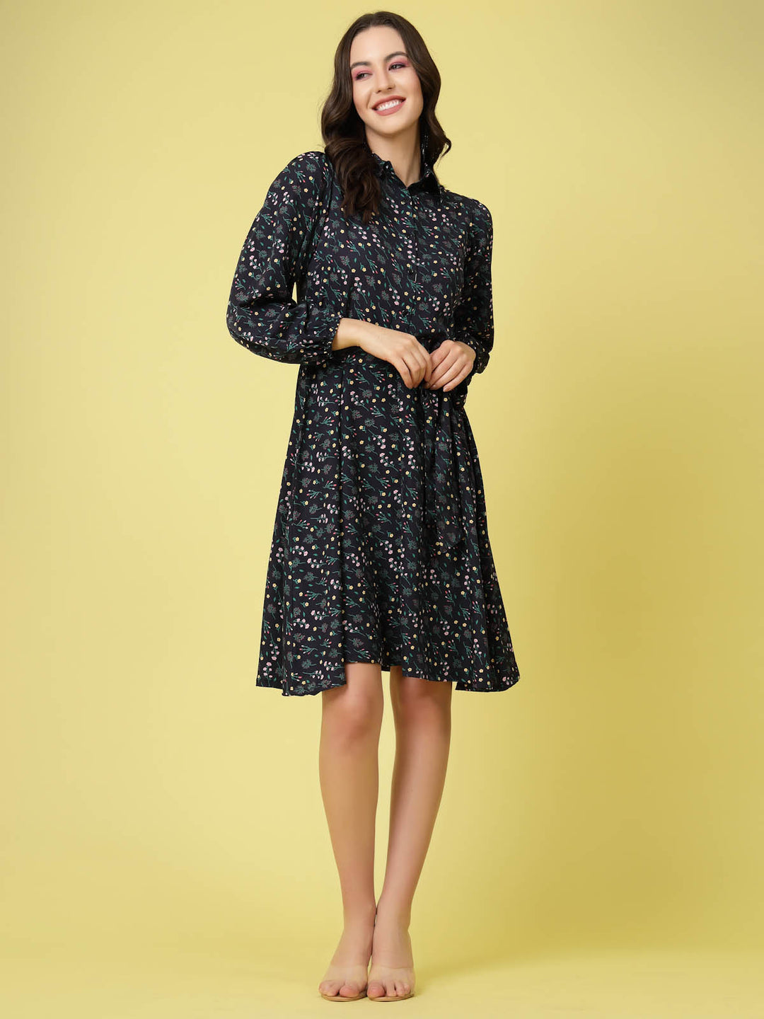 Black  Blue Floral Printed Shirt Collar Puff Sleeves Shirt Dress