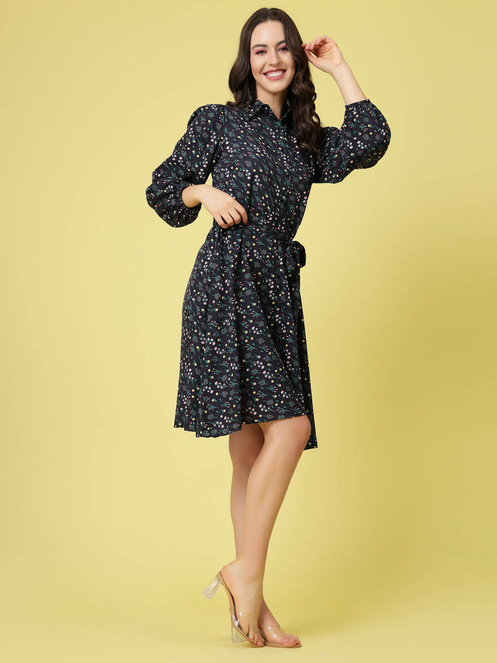 Black  Blue Floral Printed Shirt Collar Puff Sleeves Shirt Dress