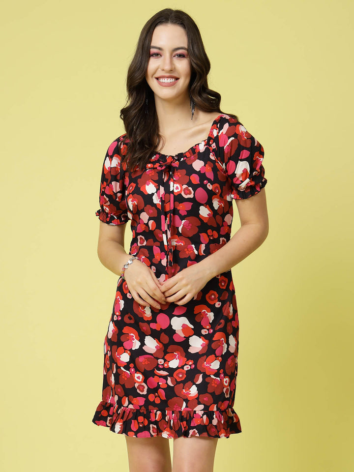 Pink  Black Floral Printed Puff Sleeves Ruffles Detail A-Line Dress