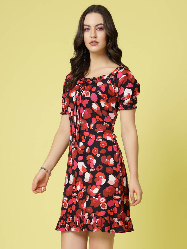 Pink  Black Floral Printed Puff Sleeves Ruffles Detail A-Line Dress