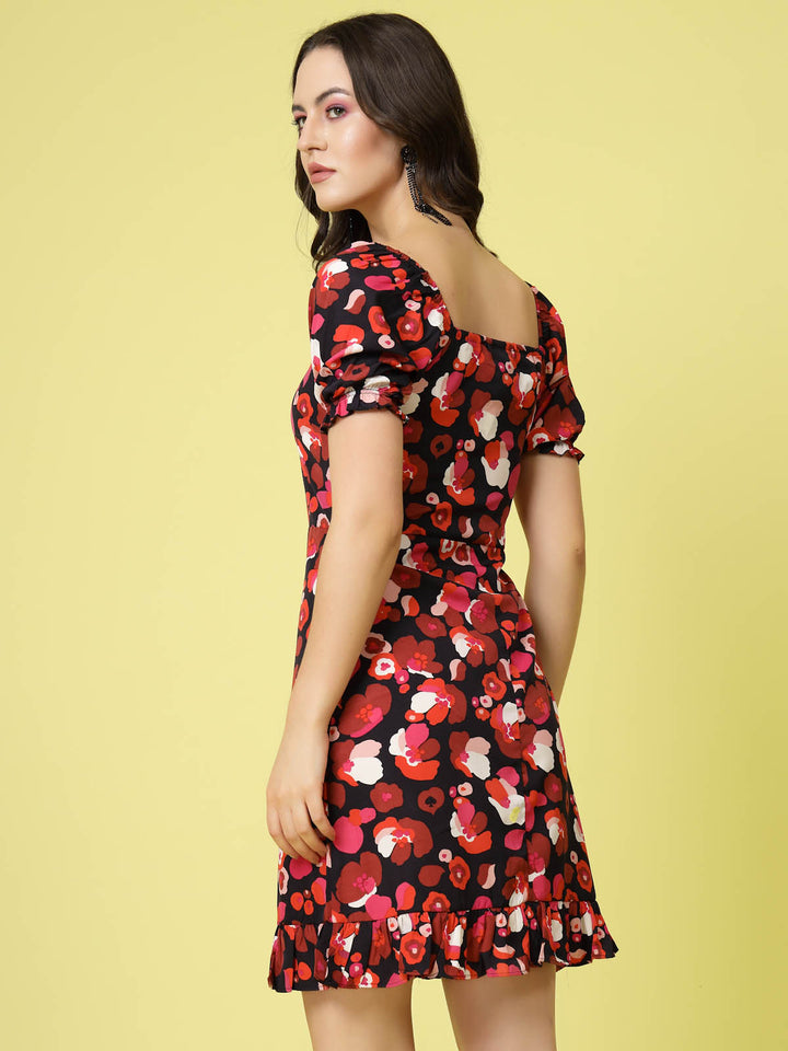 Pink  Black Floral Printed Puff Sleeves Ruffles Detail A-Line Dress