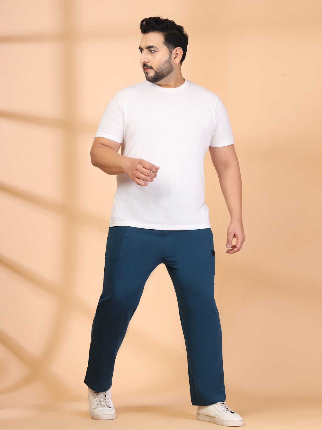 Plus Size Blue Straight Fit Mid-Rise Cotton Track Pants