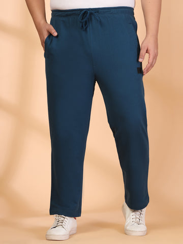 Plus Size Blue Straight Fit Mid-Rise Cotton Track Pants