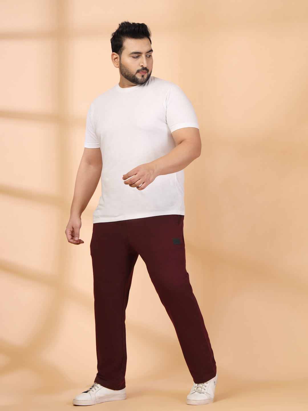Plus Size Wine Straight Fit Mid-Rise Cotton Track Pants