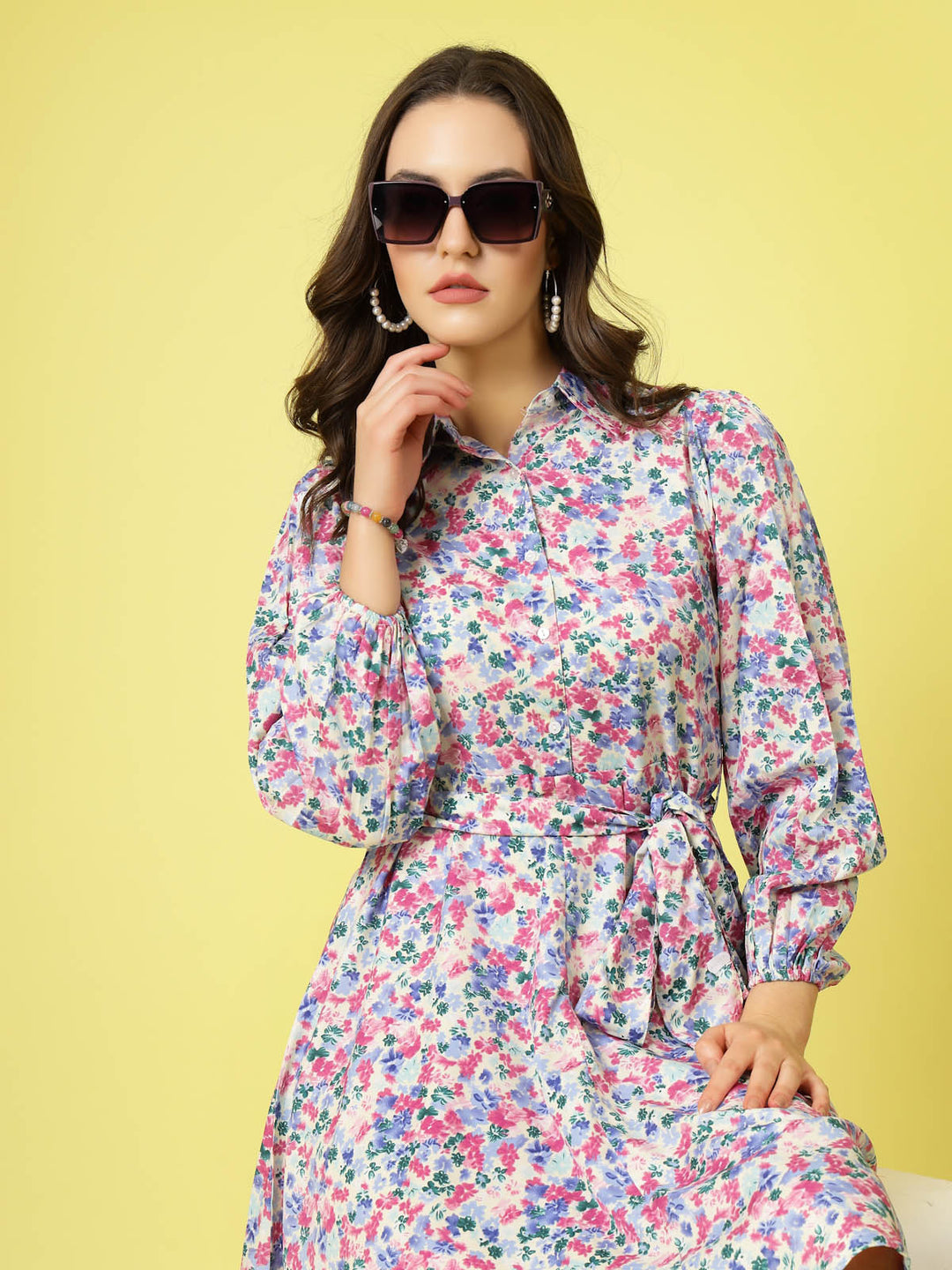 Cream Colour Floral Printed Shirt Collar Puff Sleeves Shirt Dress