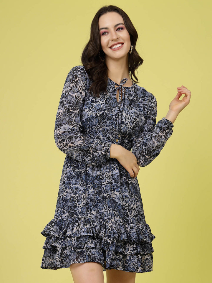 Blue  Black Floral Printed Tie-Up Neck Layered Smocked Detail Fit  Flare Dress