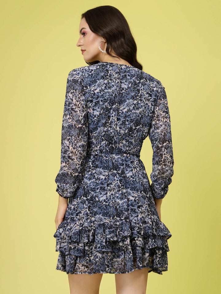 Blue  Black Floral Printed Tie-Up Neck Layered Smocked Detail Fit  Flare Dress