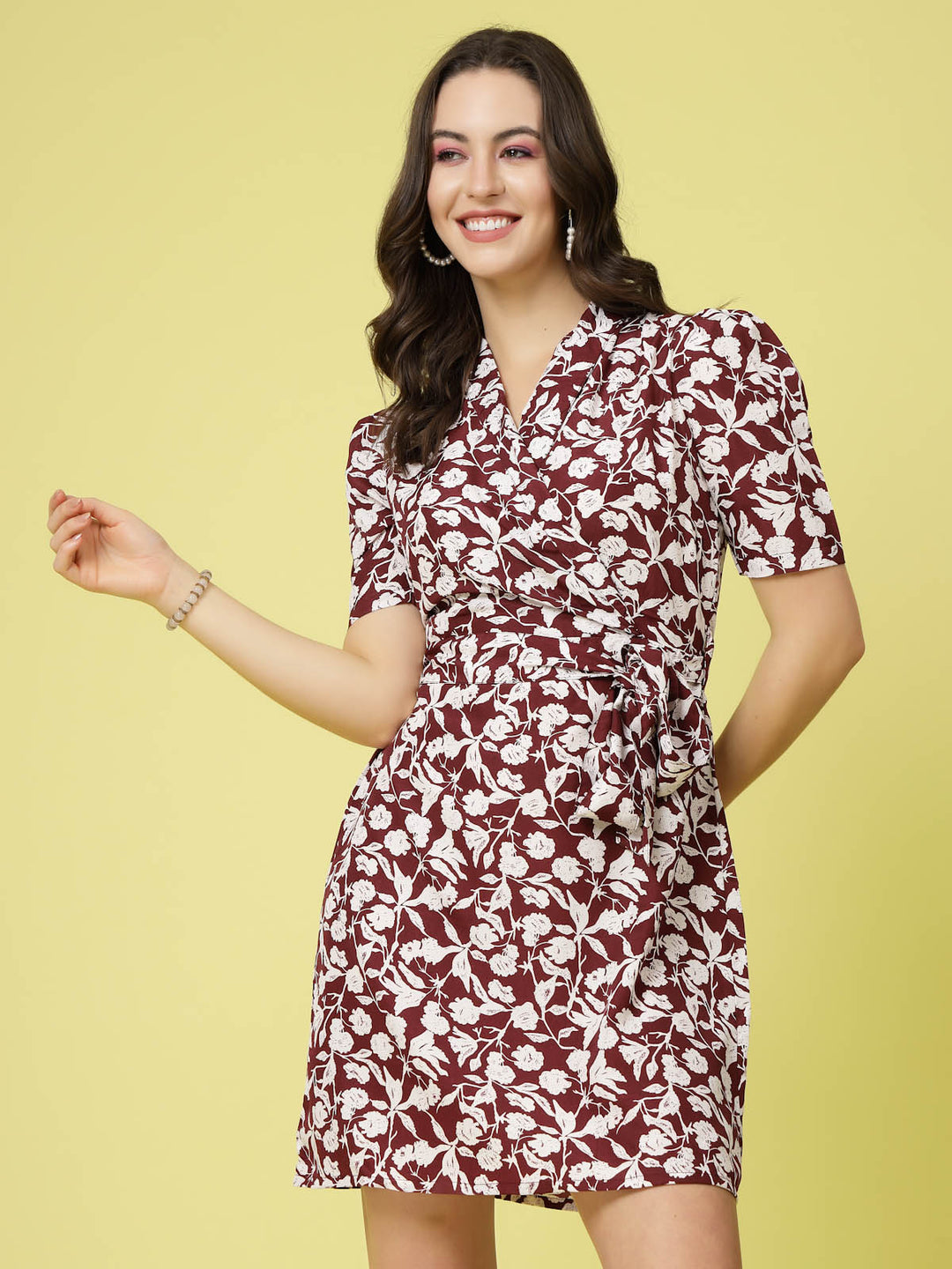 Maroon  White Floral Printed V-Neck Puff Sleeves Belted A-Line Dress