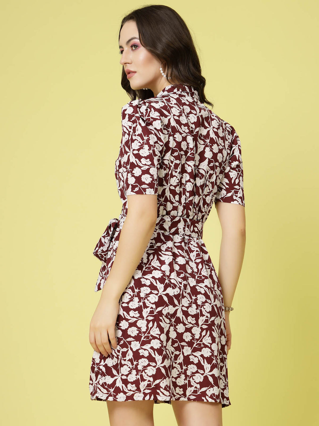 Maroon  White Floral Printed V-Neck Puff Sleeves Belted A-Line Dress