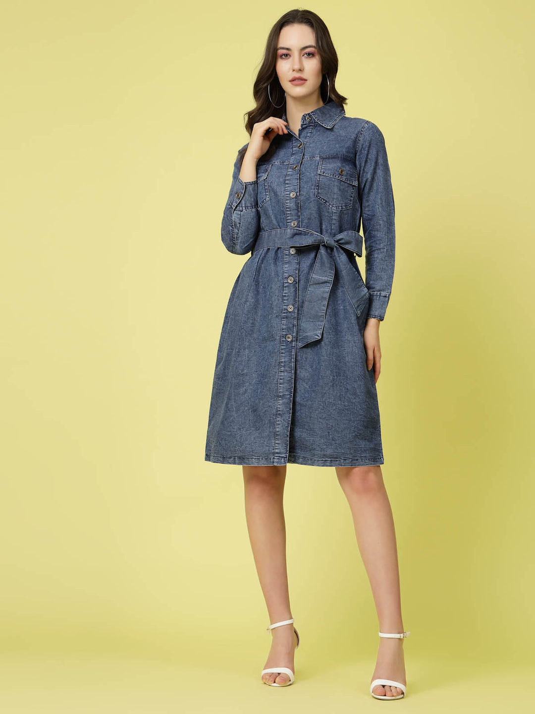 Blue Shirt Collar Cuffed Sleeve Belted Pure Cotton Shirt Dress