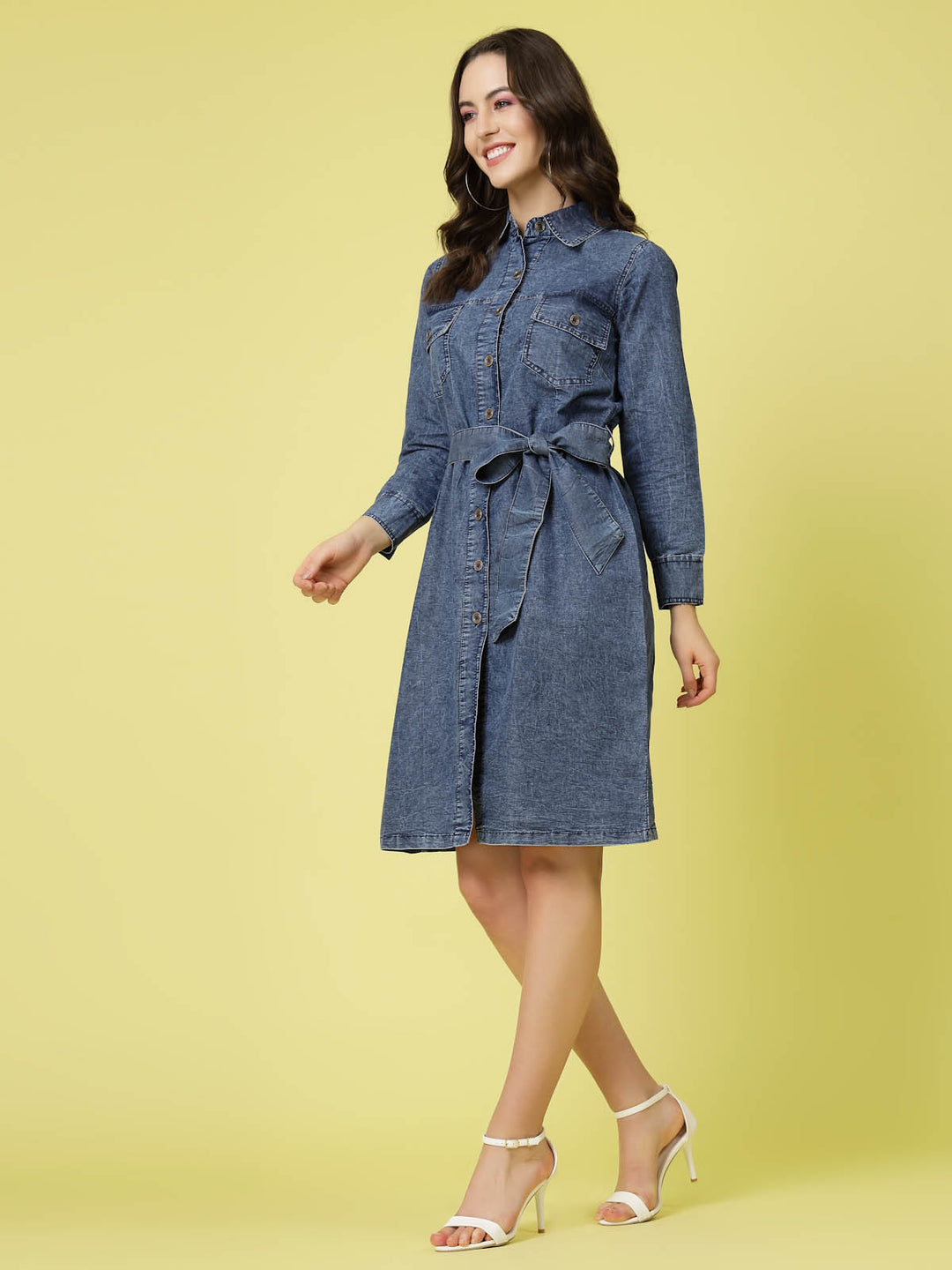 Blue Shirt Collar Cuffed Sleeve Belted Pure Cotton Shirt Dress