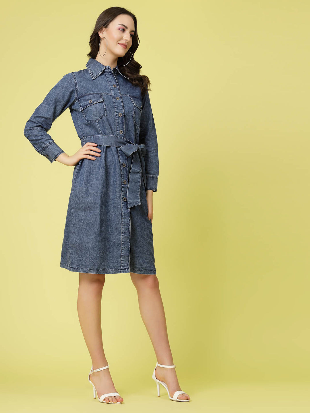 Blue Shirt Collar Cuffed Sleeve Belted Pure Cotton Shirt Dress