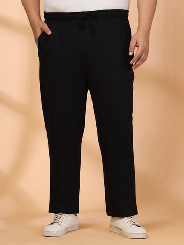 Plus Size Black Straight Fit Mid-Rise Cotton Track Pants