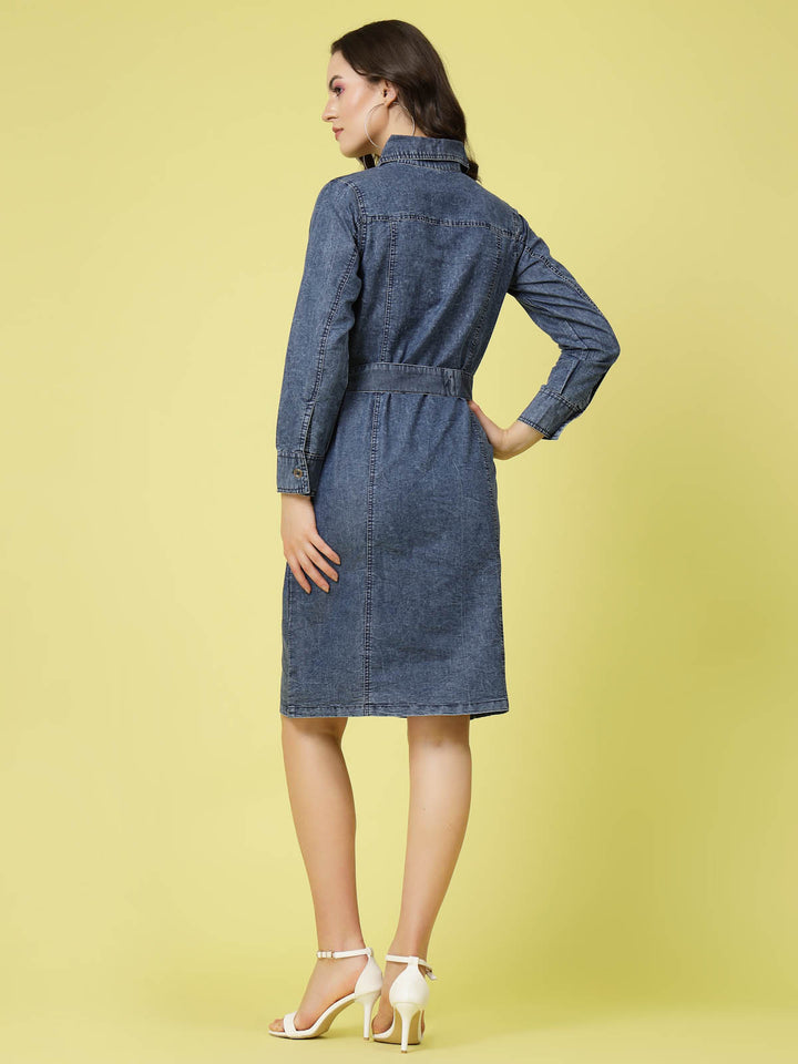 Blue Shirt Collar Cuffed Sleeve Belted Pure Cotton Shirt Dress