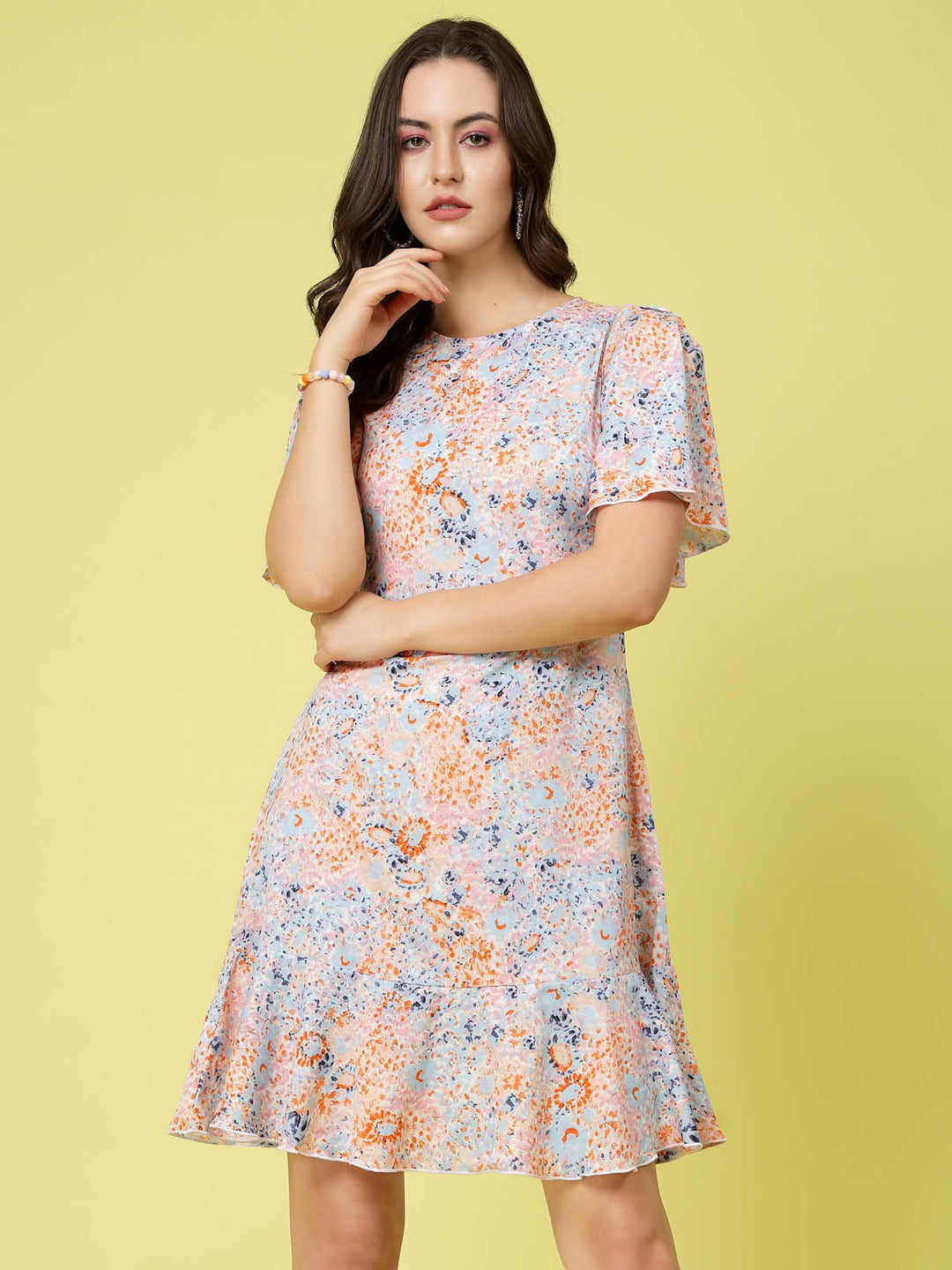 Blue Abstract Printed Round Neck Flared Sleeve Tiered A-Line Dress