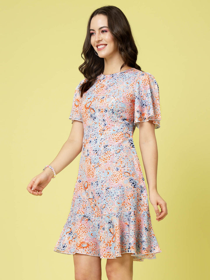 Blue Abstract Printed Round Neck Flared Sleeve Tiered A-Line Dress