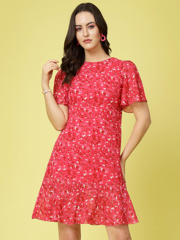 Pink Floral Printed Bell Sleeves A-Line Dress