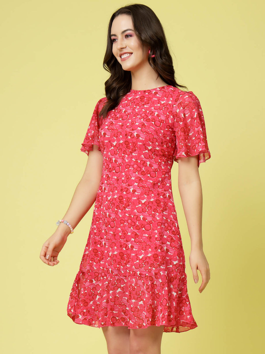 Pink Floral Printed Bell Sleeves A-Line Dress