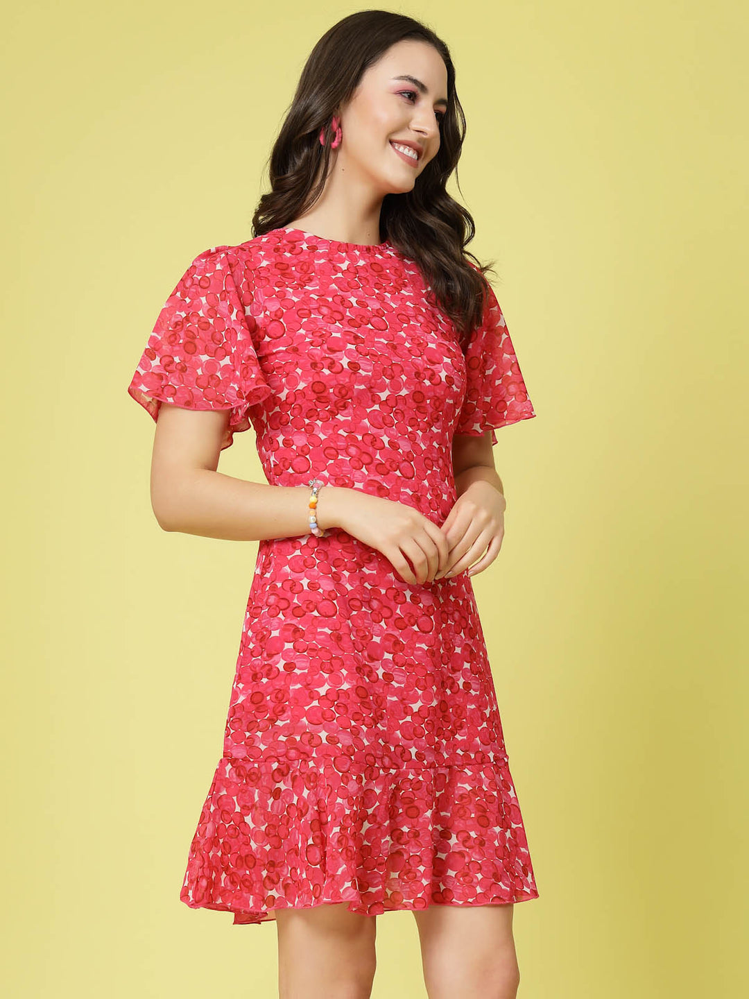 Pink Floral Printed Bell Sleeves A-Line Dress