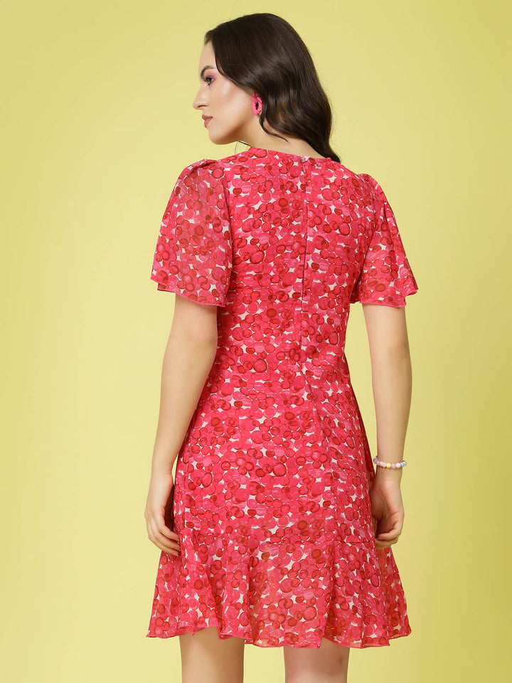 Pink Floral Printed Bell Sleeves A-Line Dress