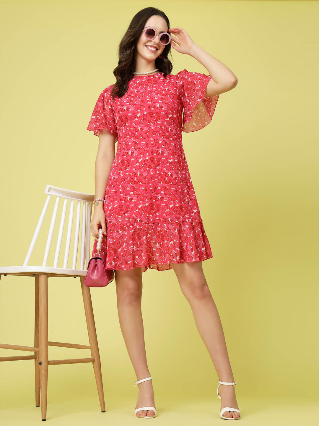 Pink Floral Printed Bell Sleeves A-Line Dress